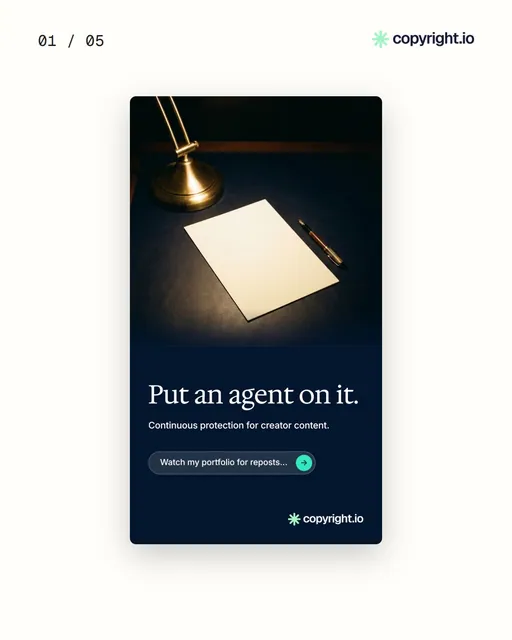 Video for copyright.io. Ad flipbook, 7.5 s, light palette.