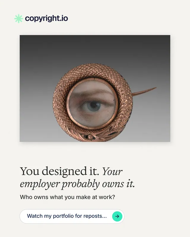 Instagram portrait post for copyright.io: "You designed it. Your employer probably owns it." Agentic glass style, bottom layout, light palette in white, grey.
