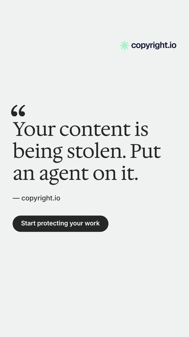 Instagram story for copyright.io: "Your content is being stolen. Put an agent on it." Data card style, quote layout, light palette in white.