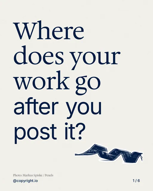 Carousel for copyright.io: "Where does your work go after you post it?". Cutout essay, 6 slides, light palette.