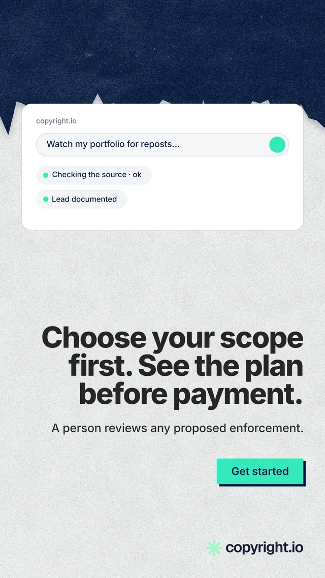Instagram story for copyright.io: "Choose your scope first. See the plan before payment." Paper trio style, right layout, light palette in white, blue, grey.