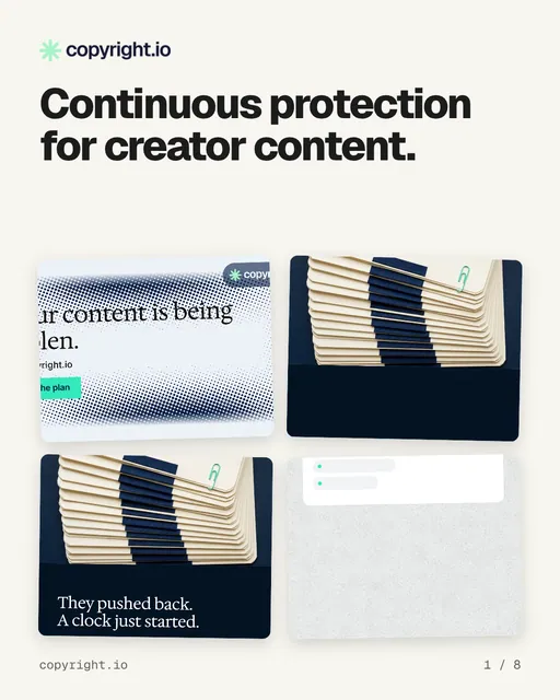 Carousel for copyright.io: "Continuous protection for creator content.". Collection carousel, 8 slides, light palette.