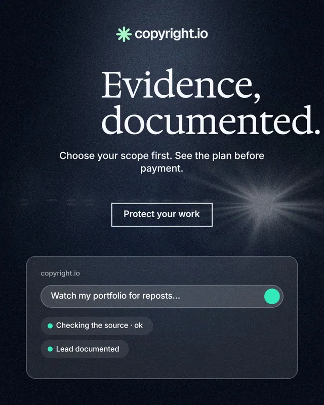Instagram portrait post for copyright.io: "Evidence, documented." Dark deco style, centred layout, dark palette in blue, black, grey.