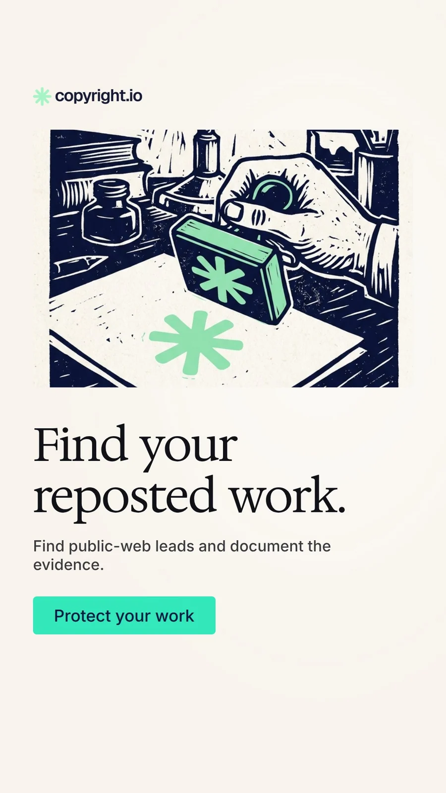 Video for copyright.io: "Find your reposted work.". Doc motion loop, 6.0 s, light palette.