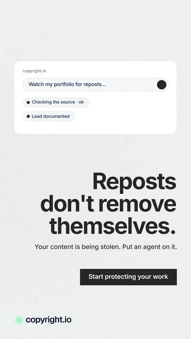 Instagram story for copyright.io: "Reposts don't remove themselves." Swiss style, right layout, light palette in white, grey.