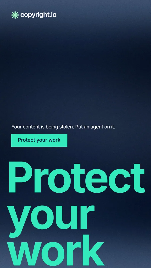 Instagram story for copyright.io: "Protect your work." Swiss style, oversized layout, dark palette in blue, black, teal.