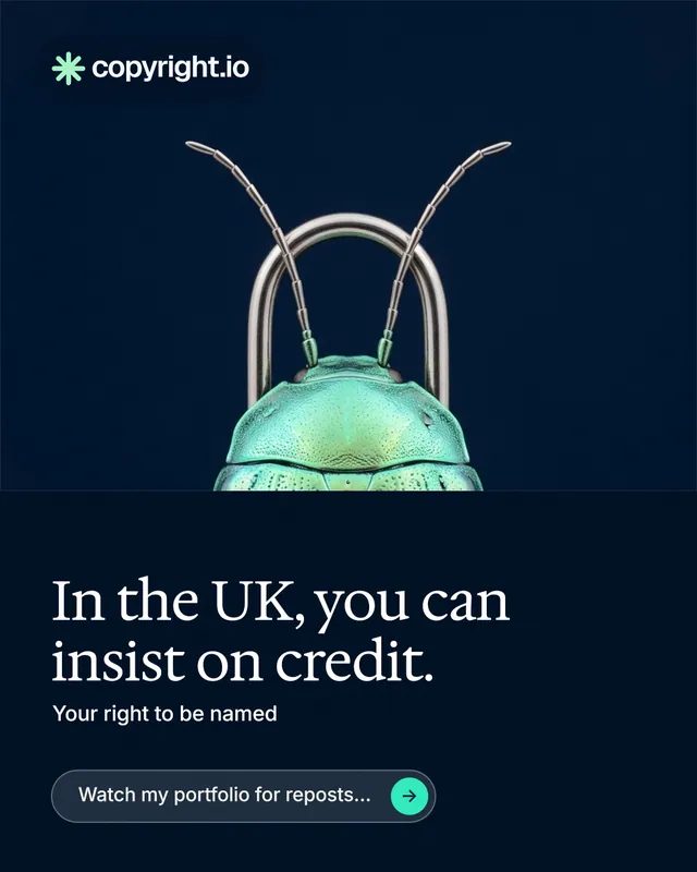 Instagram portrait post for copyright.io: "In the UK, you can insist on credit." Agentic glass style, bottom layout, dark palette in black, blue.