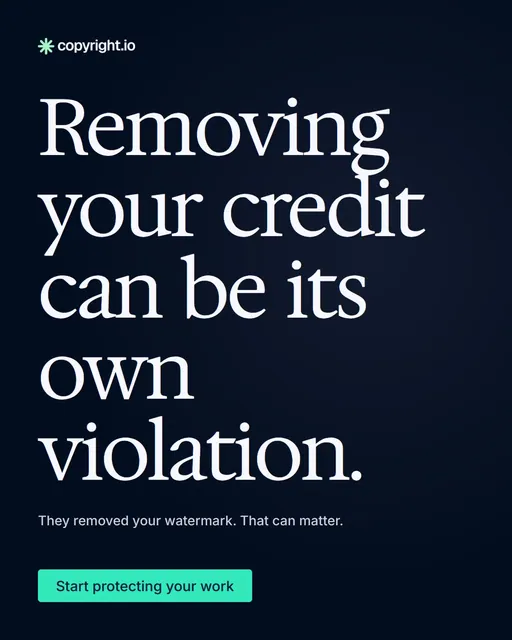 Video for copyright.io: "Removing your credit can be its own violation.". Doc motion loop, 6.0 s, dark palette.