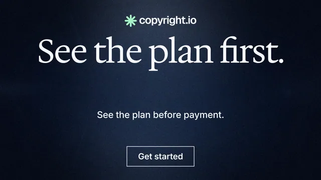 Landscape graphic for copyright.io: "See the plan first." Dark deco style, centred layout, dark palette in black, blue, grey.