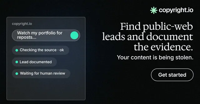 Social ad for copyright.io: "Find public-web leads and document the evidence." Phosphor atlas style, right layout, dark palette in black, grey.