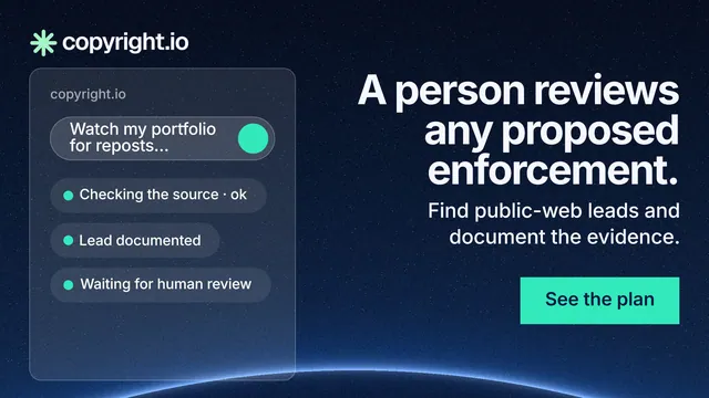 Landscape graphic for copyright.io: "A person reviews any proposed enforcement." Swiss style, right layout, dark palette in blue, black, teal.