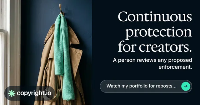 Social ad for copyright.io: "Continuous protection for creators." Agentic glass style, right layout, dark palette in black, grey.