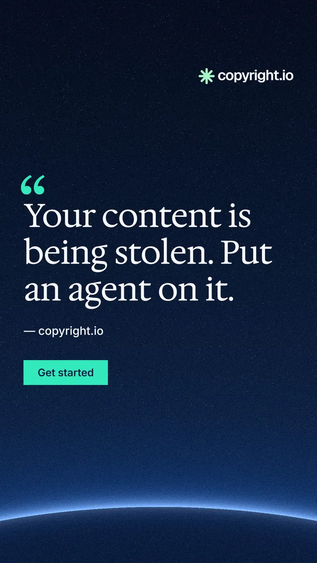 Instagram story for copyright.io: "Your content is being stolen. Put an agent on it." Swiss style, quote layout, dark palette in blue, black.