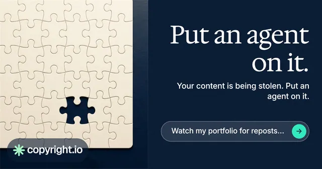 Social ad for copyright.io: "Put an agent on it." Agentic glass style, right layout, dark palette in blue, yellow, grey.