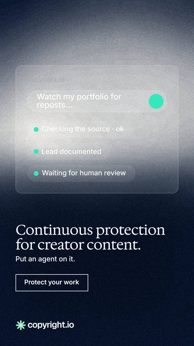 Instagram story for copyright.io: "Continuous protection for creator content." Cyanotype style, bottom layout, dark palette in grey, black, blue.