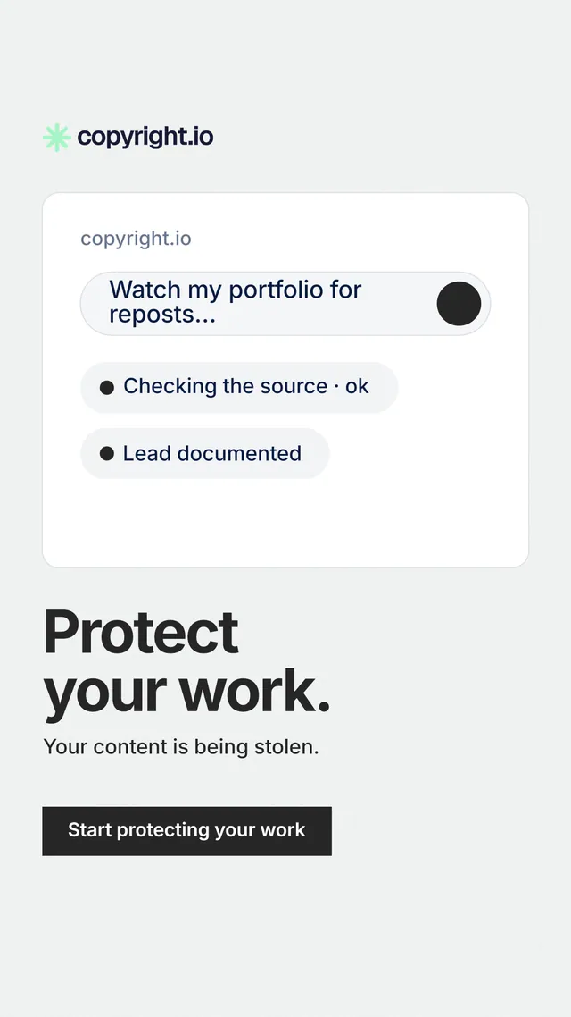 Instagram story for copyright.io: "Protect your work." Swiss style, bottom layout, light palette in white, grey.