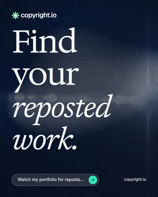 Instagram portrait post for copyright.io: "Find your reposted work." Thermal style, poster layout, dark palette in black, blue, grey.