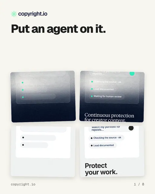 Carousel for copyright.io: "Put an agent on it.". Collection carousel, 8 slides, light palette.