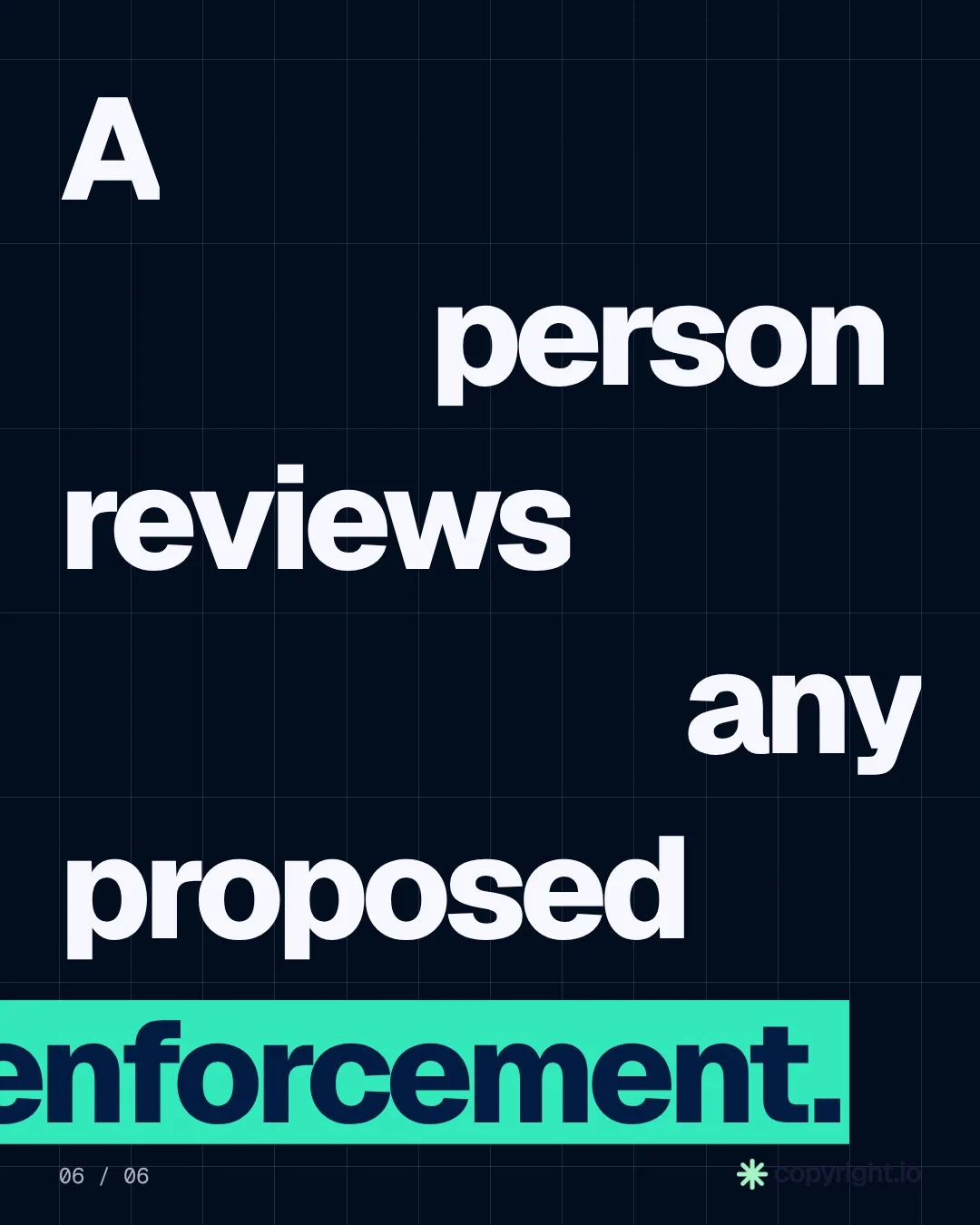 Video for copyright.io: "A person reviews any proposed enforcement.". Kinetic type grid, 6.0 s, dark palette.