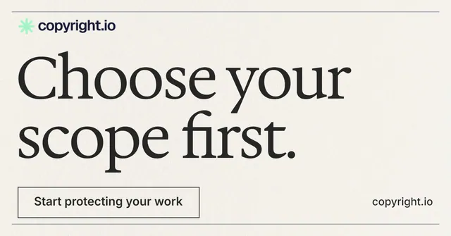 Social ad for copyright.io: "Choose your scope first." Editorial style, poster layout, light palette in white, grey.