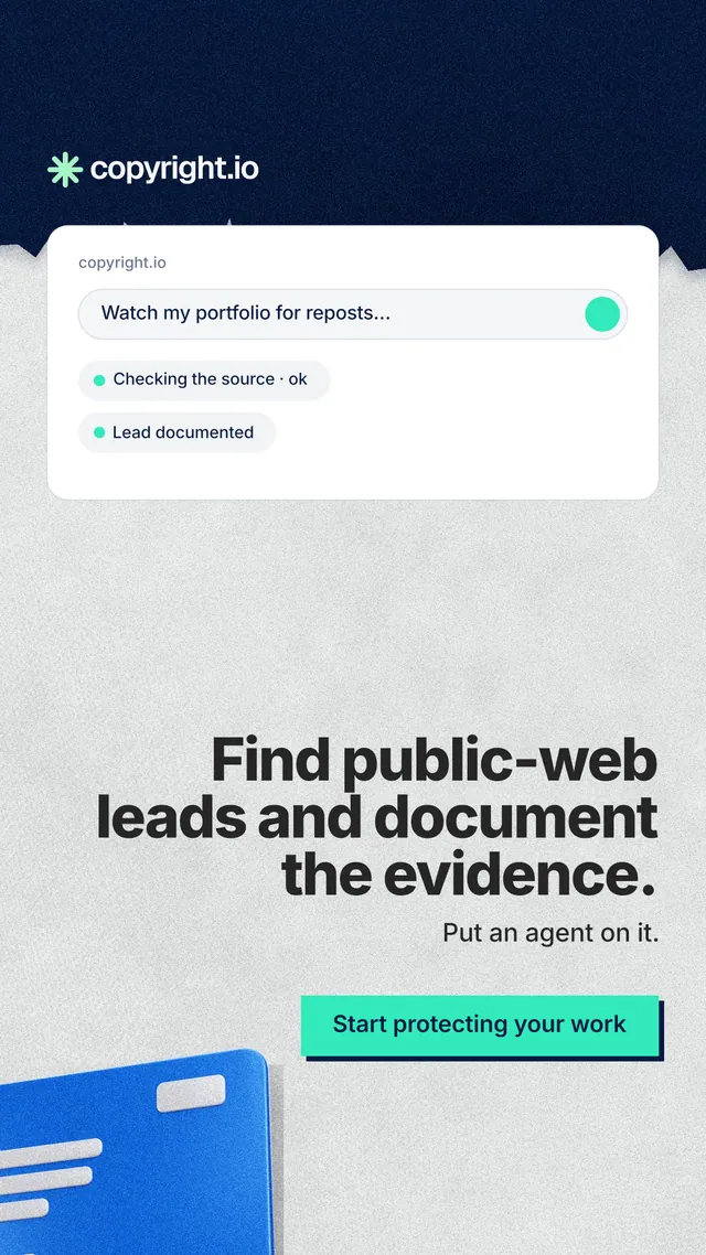 Instagram story for copyright.io: "Find public-web leads and document the evidence." Paper trio style, right layout, light palette in white, blue, grey.