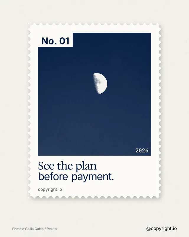 Instagram portrait post for copyright.io: "See the plan before payment." Single style, technique:stamp series layout, light palette in white, blue.