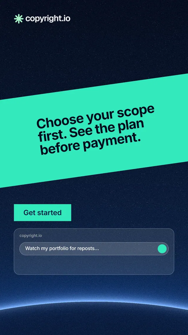 Instagram story for copyright.io: "Choose your scope first. See the plan before payment." Swiss style, diagonal layout, dark palette in blue, black, teal.