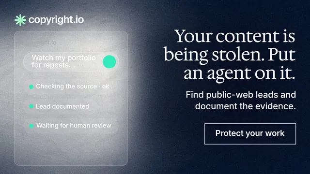 Landscape graphic for copyright.io: "Your content is being stolen. Put an agent on it." Cyanotype style, right layout, dark palette in grey, black, blue.