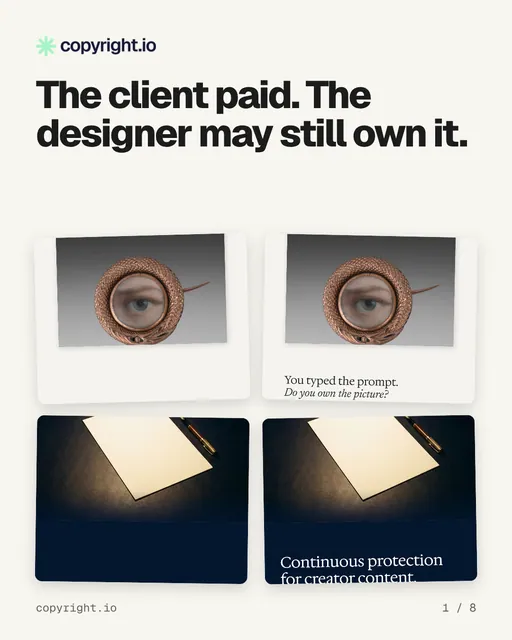 Carousel for copyright.io: "The client paid. The designer may still own it.". Collection carousel, 8 slides, light palette.