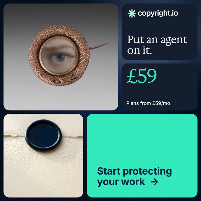 Instagram post for copyright.io: "Put an agent on it." Agentic glass style, bento layout, light palette in grey, blue, teal.