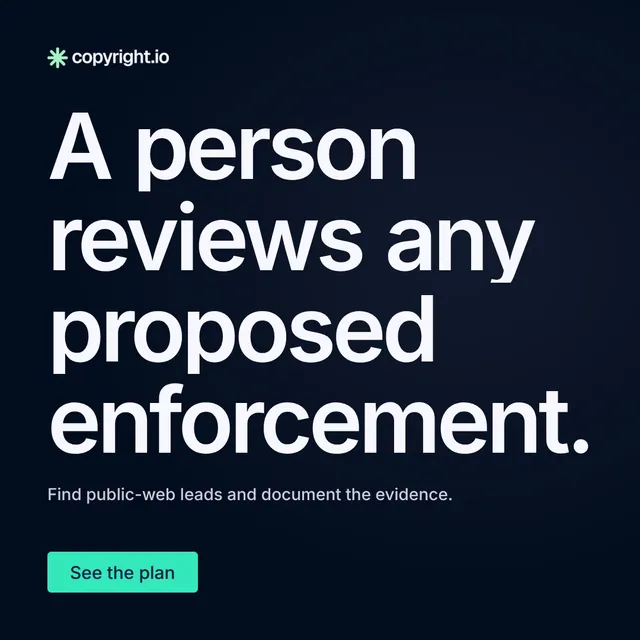Video for copyright.io: "A person reviews any proposed enforcement.". Doc motion loop, 8.0 s, dark palette.