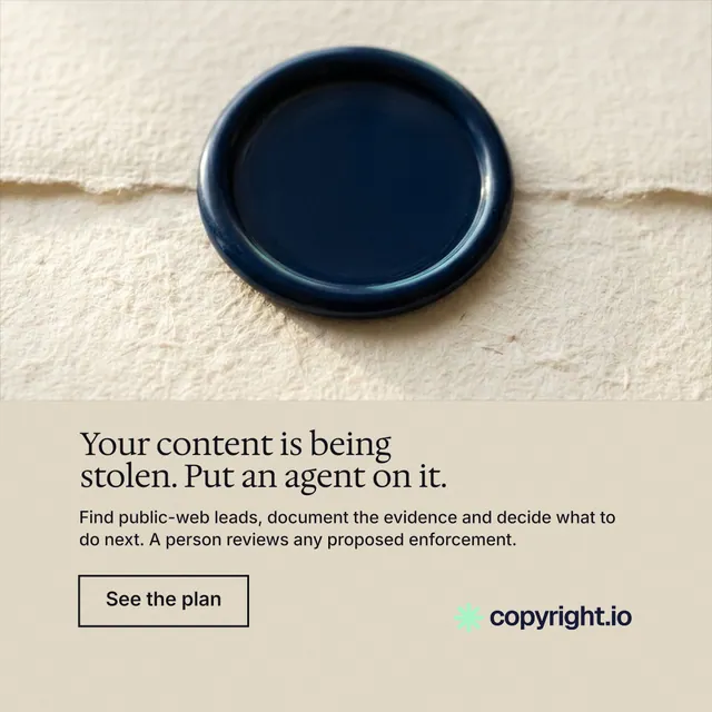 Instagram post for copyright.io: "Your content is being stolen. Put an agent on it." Editorial style, bottom layout, light palette in orange, yellow, grey.