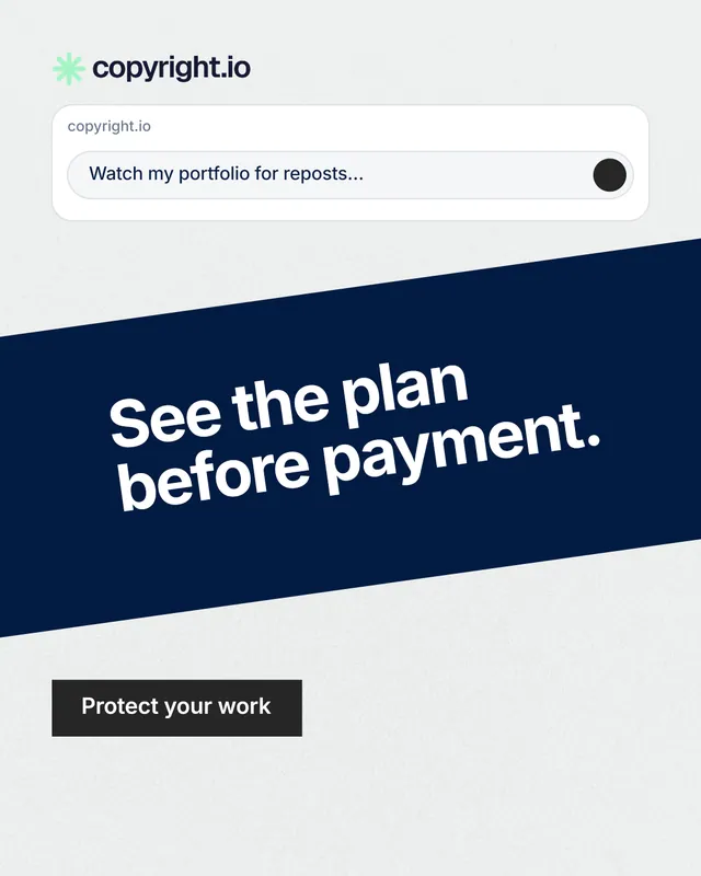 Instagram portrait post for copyright.io: "See the plan before payment." Swiss style, diagonal layout, light palette in white, blue, grey.