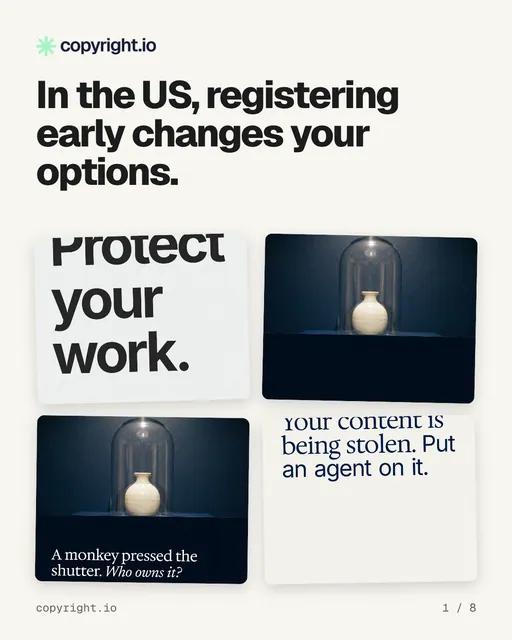 Carousel for copyright.io: "In the US, registering early changes your options.". Collection carousel, 8 slides, light palette.
