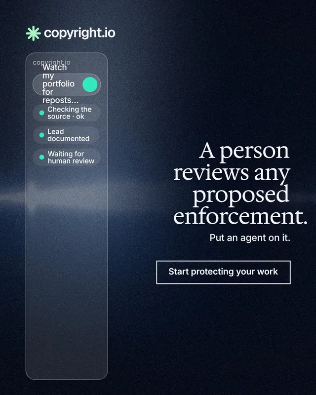 Instagram portrait post for copyright.io: "A person reviews any proposed enforcement." Dark deco style, right layout, dark palette in blue, grey, black.
