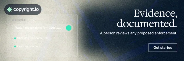 X header for copyright.io: "Evidence, documented." Cyanotype style, right layout, light palette in white, black, grey.