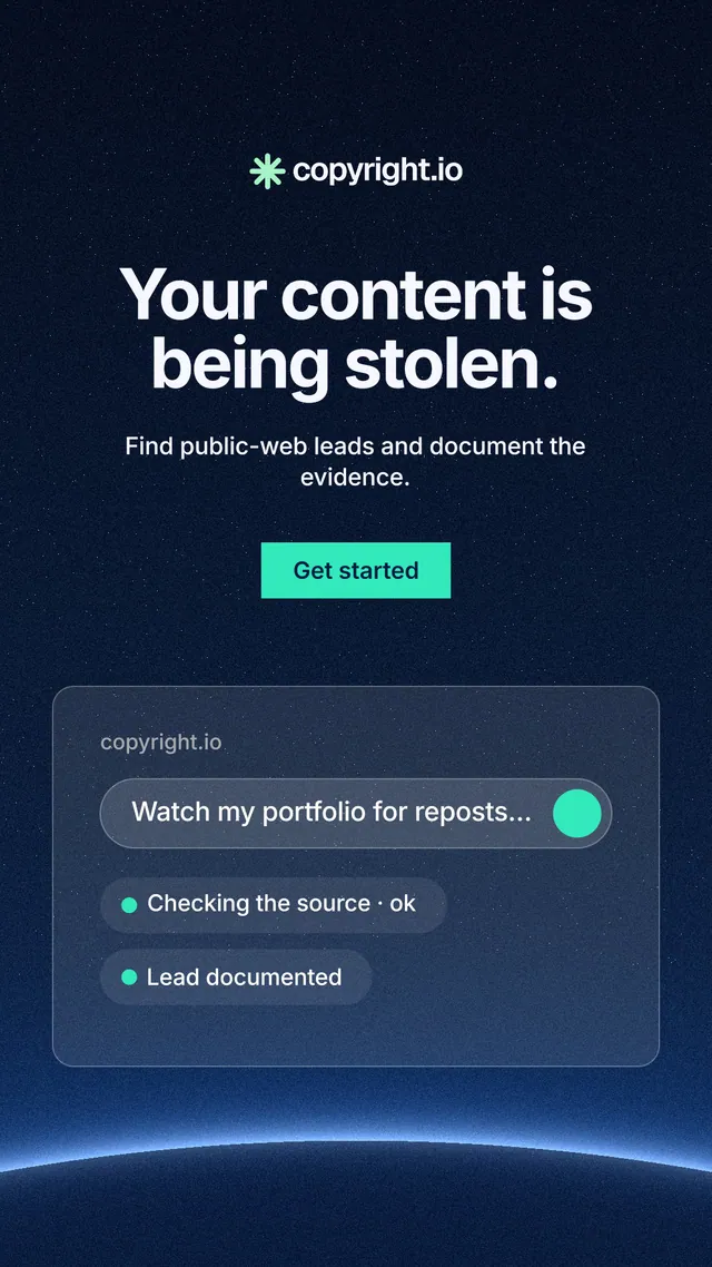 Instagram story for copyright.io: "Your content is being stolen." Swiss style, centred layout, dark palette in black, blue.