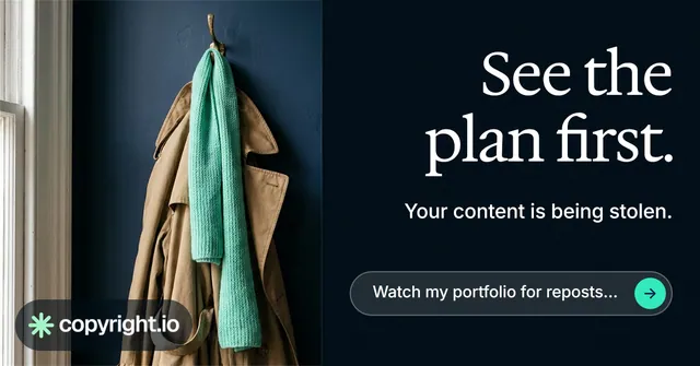 Social ad for copyright.io: "See the plan first." Agentic glass style, right layout, dark palette in black, grey.