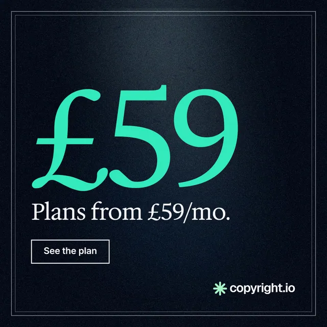 Instagram post for copyright.io: "Choose your scope first. See the plan before payment." Dark deco style, stat layout, dark palette in black, teal.