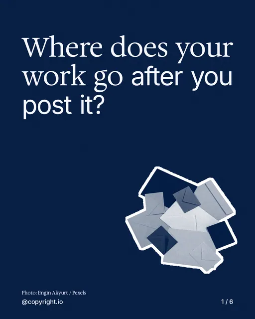 Carousel for copyright.io: "Where does your work go after you post it?". Cutout essay, 6 slides, dark palette.