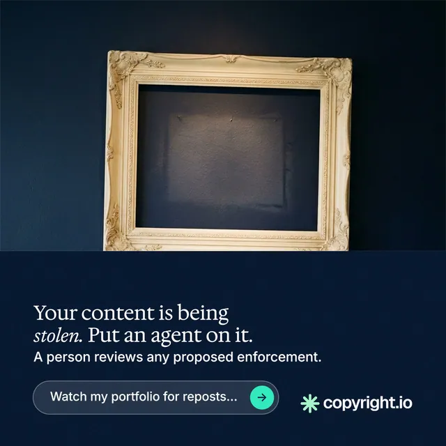 Instagram post for copyright.io: "Your content is being stolen. Put an agent on it." Agentic glass style, bottom layout, dark palette in black, blue, grey.