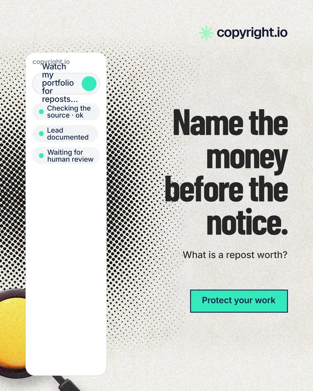 Instagram portrait post for copyright.io: "Name the money before the notice." Ink sticker style, right layout, light palette in white, grey.