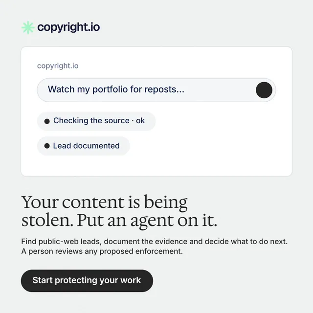 Instagram post for copyright.io: "Your content is being stolen. Put an agent on it." Data card style, bottom layout, light palette in white, grey.