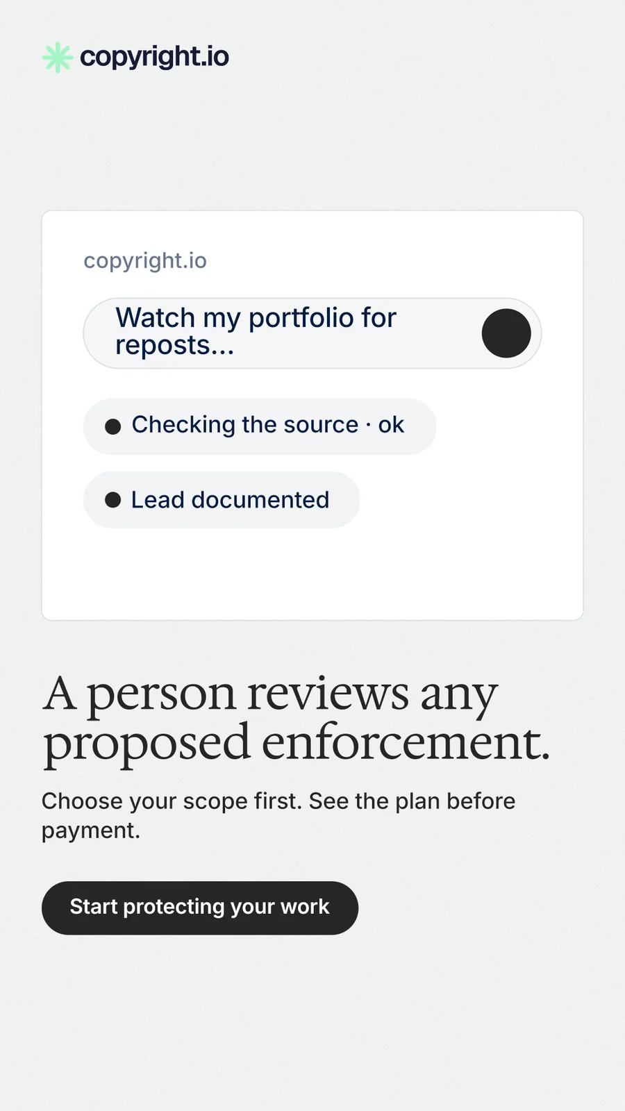 Instagram story for copyright.io: "A person reviews any proposed enforcement." Data card style, bottom layout, light palette in white.