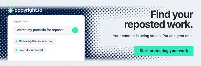 X header for copyright.io: "Find your reposted work." Swiss style, right layout, light palette in white, grey, teal.
