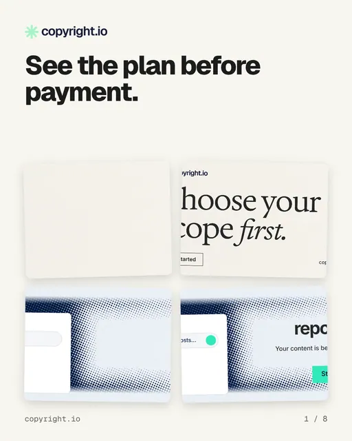 Carousel for copyright.io: "See the plan before payment.". Collection carousel, 8 slides, light palette.
