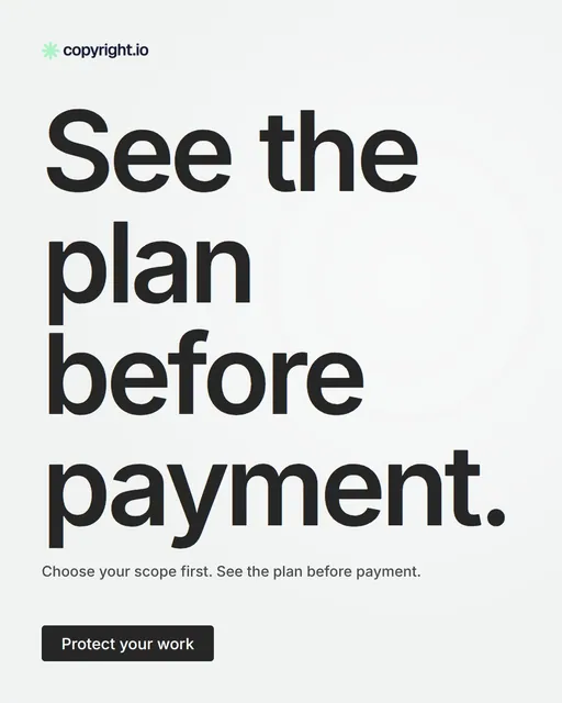 Video for copyright.io: "See the plan before payment.". Doc motion loop, 6.0 s, light palette.