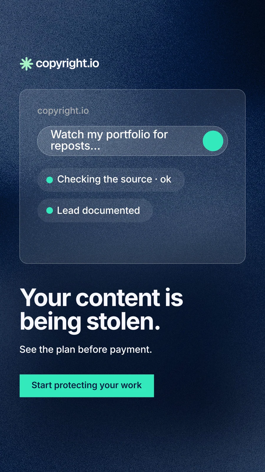 Instagram story for copyright.io: "Your content is being stolen." Swiss style, bottom layout, dark palette in black, blue, teal.