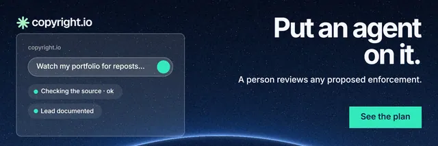X header for copyright.io: "Put an agent on it." Swiss style, right layout, dark palette in blue, black, teal.