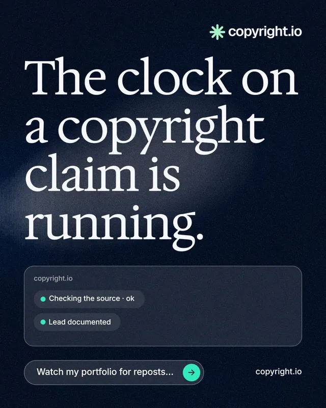 Instagram portrait post for copyright.io: "The clock on a copyright claim is running." Thermal style, poster layout, dark palette in blue, black, grey.